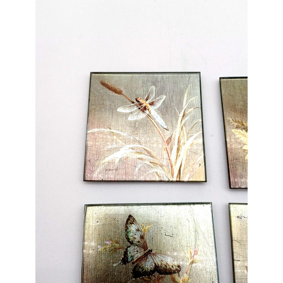 Pier 1 Imports Square Coasters Sous-Verres Foil butterfly firefly Bee Set of 4 - Picture 2 of 6